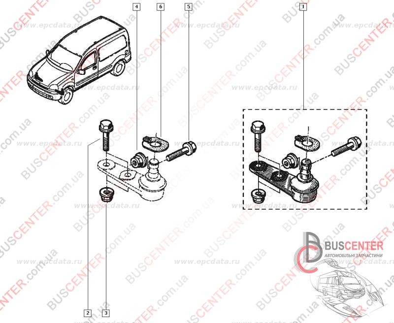 Болт крепления шаровой опоры (с гайкой) Renault Kangoo 7703002735